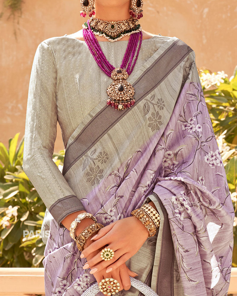 Grey Silk Saree with Light Brown Border & Blouse