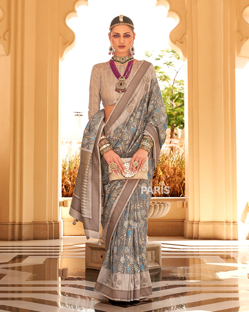 Lavender Printed Silk Saree with Contrast Border