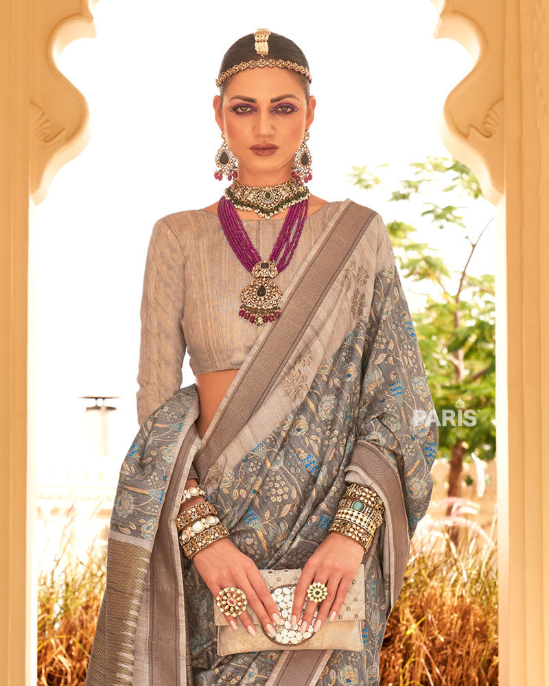 Lavender Printed Silk Saree with Contrast Border