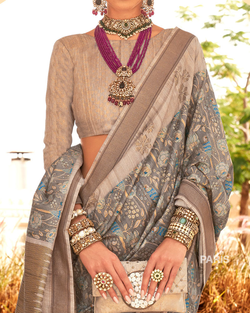 Lavender Printed Silk Saree with Contrast Border