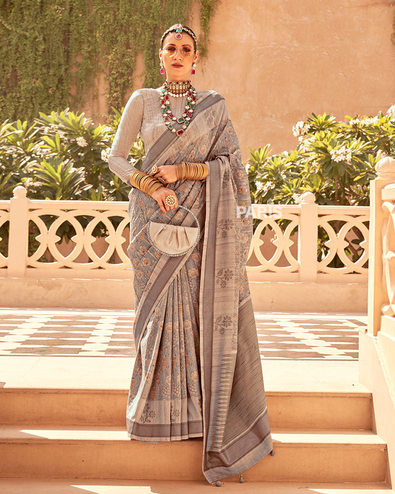 Light Purple Printed Saree with Brown Contrast Border