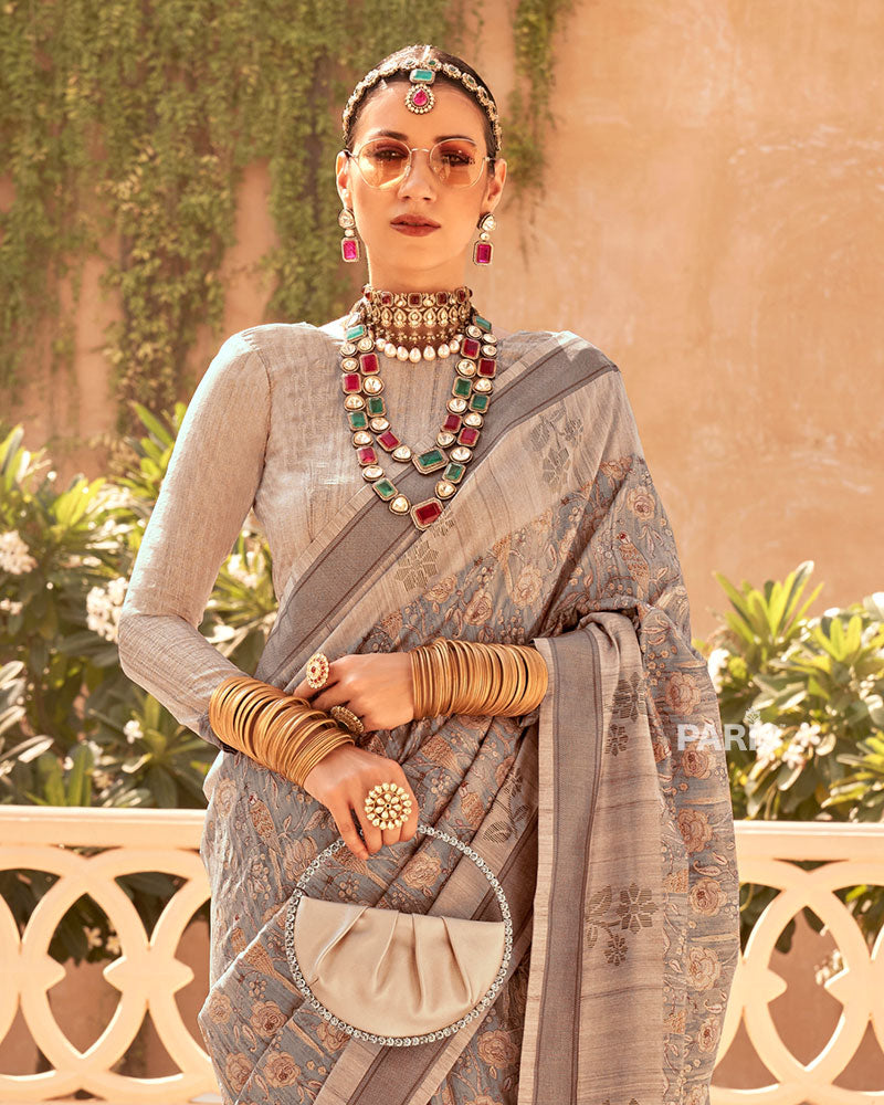 Light Purple Printed Saree with Brown Contrast Border