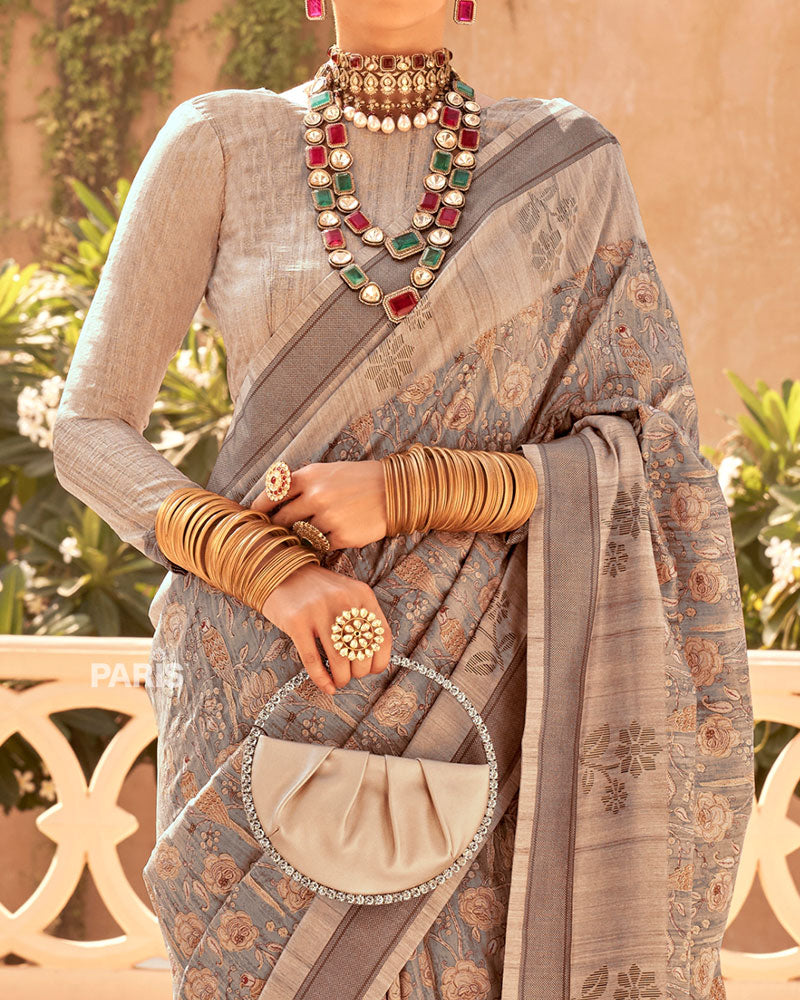 Light Purple Printed Saree with Brown Contrast Border
