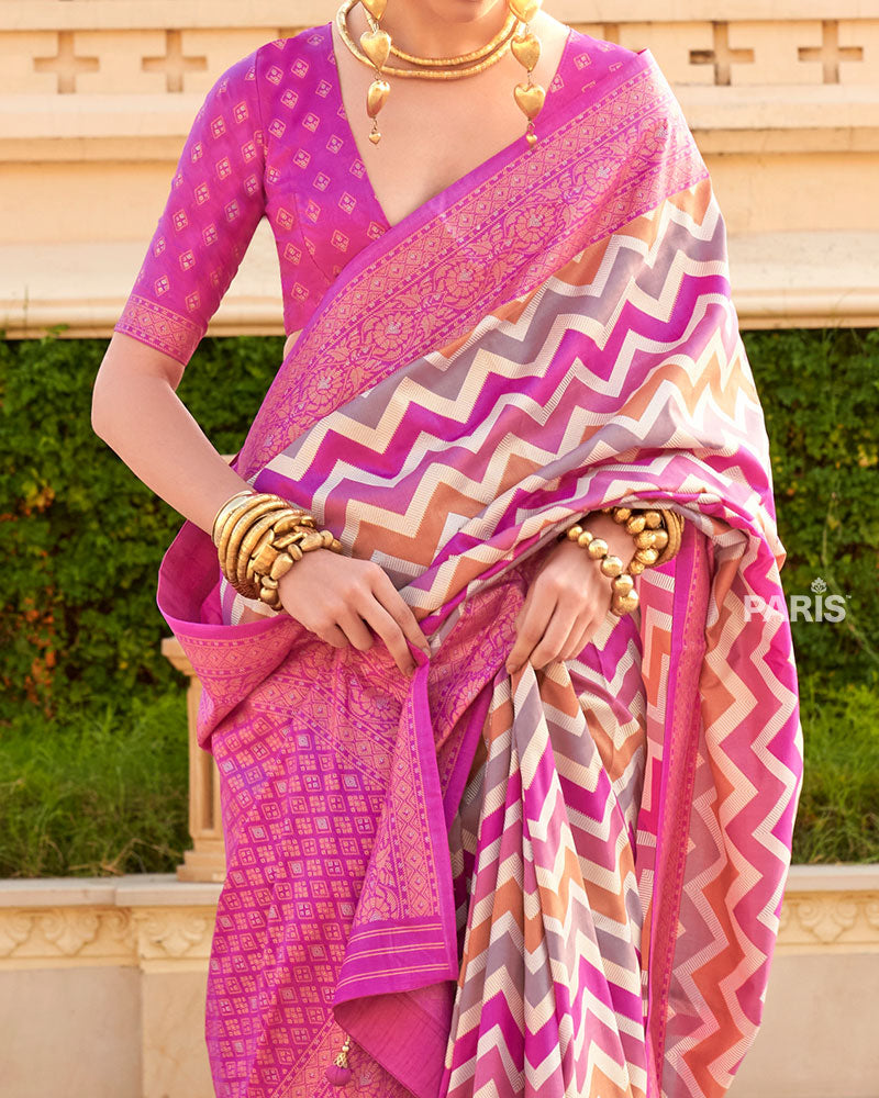 Pink Printed Silk Saree with Unstitched Blouse