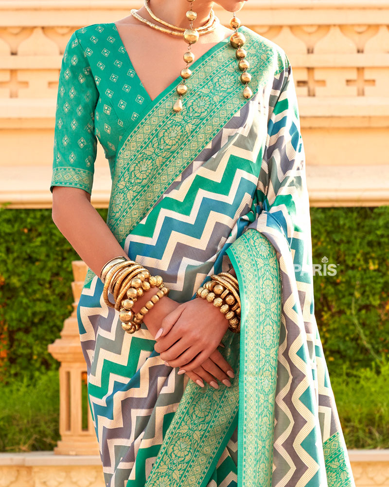 Aqua Green Printed Silk Saree with Unstitched Blouse