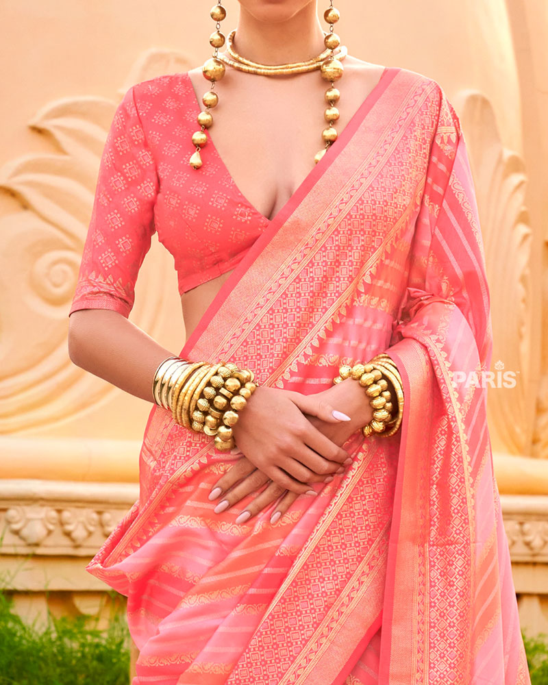 Coral Peach Printed Silk Saree with Unstitched Blouse