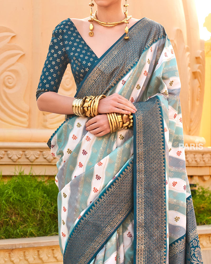 Grey Printed Silk Saree with Unstitched Blouse