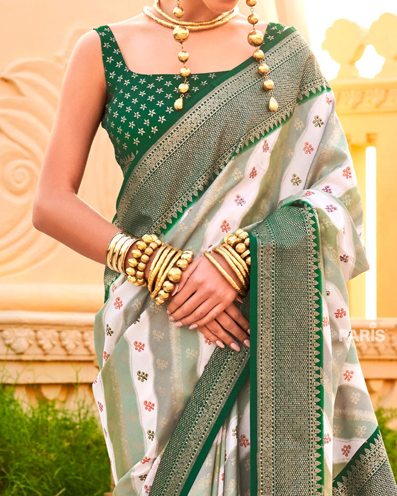 Dark Green Printed Silk Saree with Unstitched Blouse