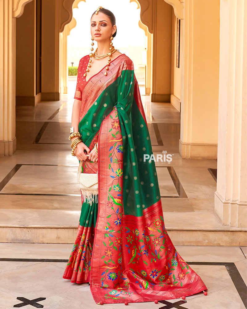 Yellow Paithani Silk Saree with Red Peacock Zari Border
