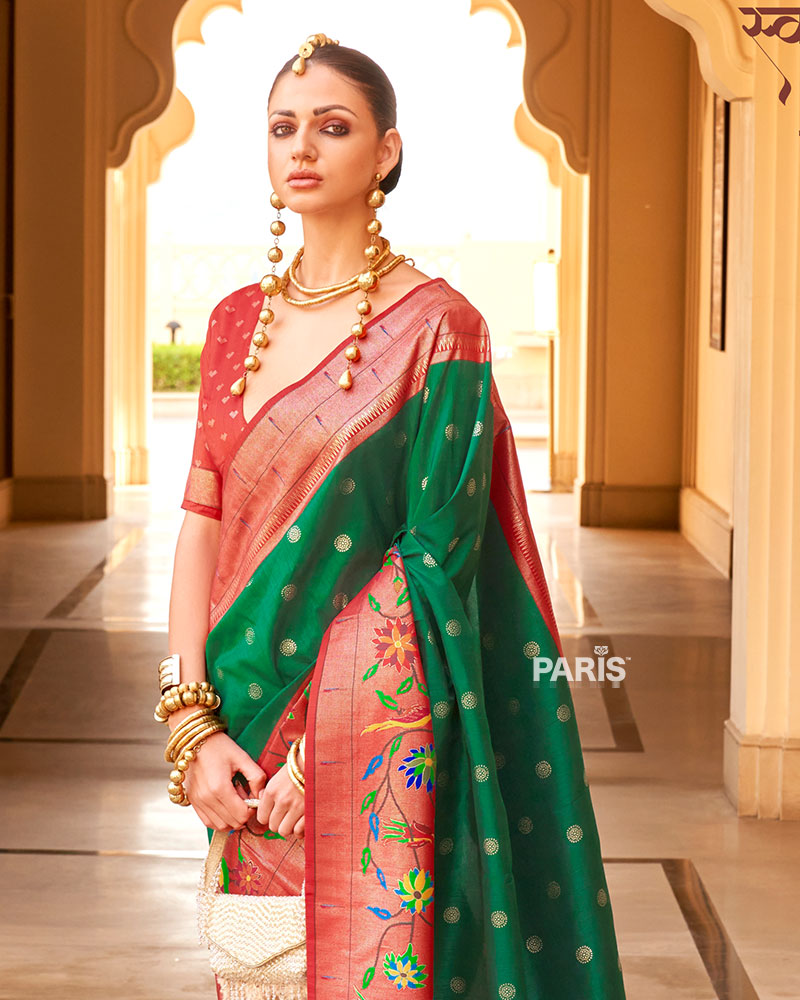 Yellow Paithani Silk Saree with Red Peacock Zari Border