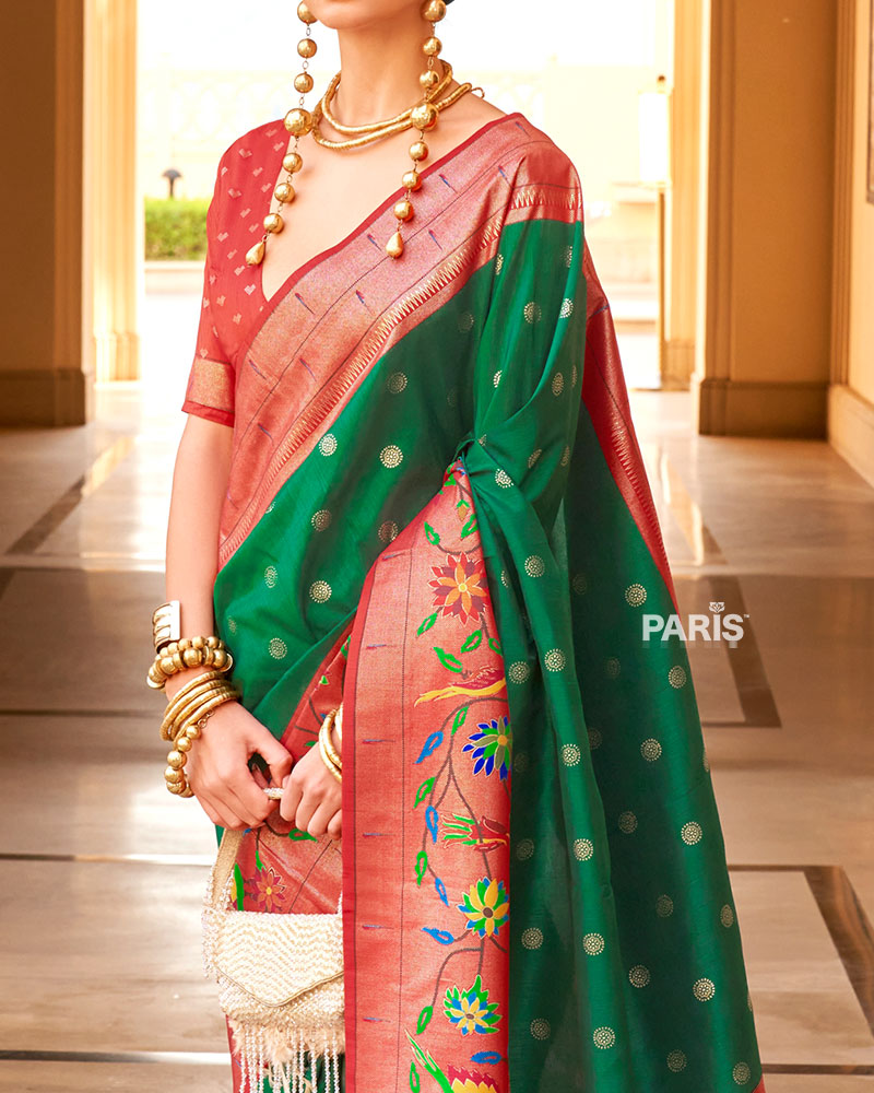 Yellow Paithani Silk Saree with Red Peacock Zari Border