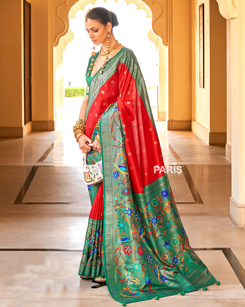 Dark Purple Paithani Silk Saree with Red Peacock Zari Border