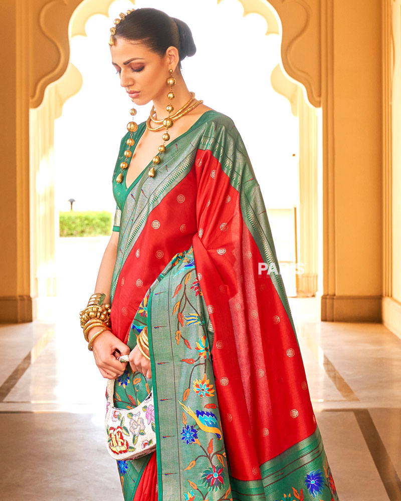 Dark Purple Paithani Silk Saree with Red Peacock Zari Border