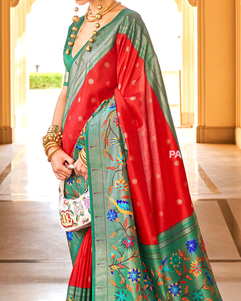 Dark Purple Paithani Silk Saree with Red Peacock Zari Border