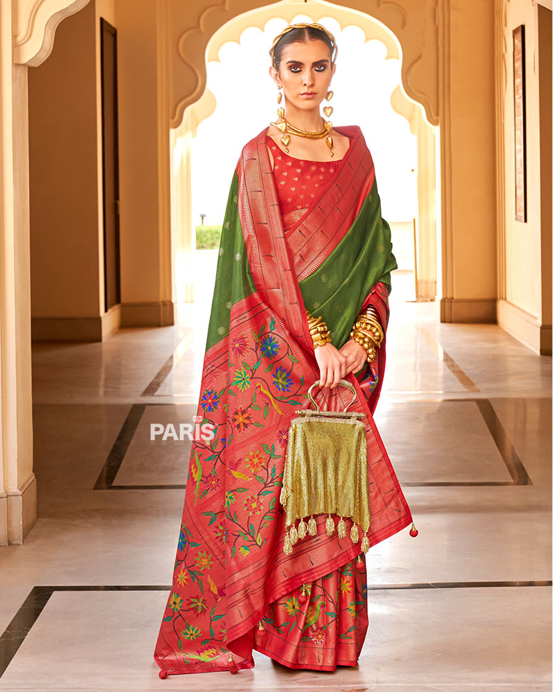 Red Paithani Saree with Dark Green Zari Peacock Border