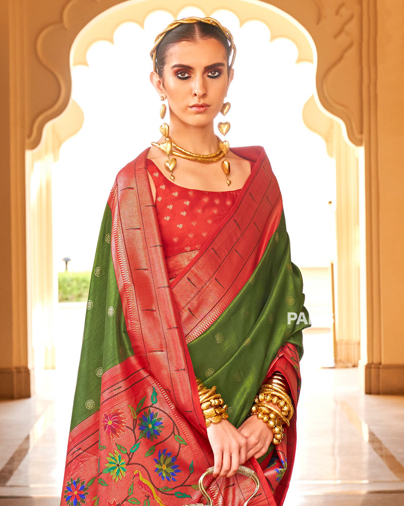 Red Paithani Saree with Dark Green Zari Peacock Border