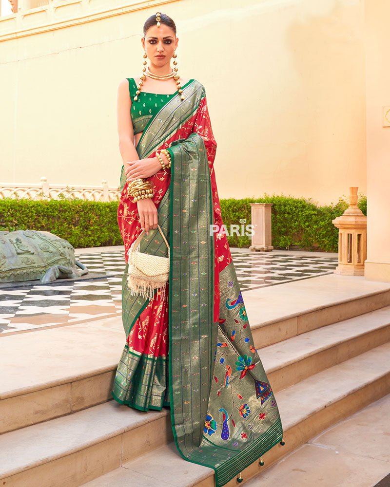 Dark Green Paithani Saree with Pink Peacock Zari Border