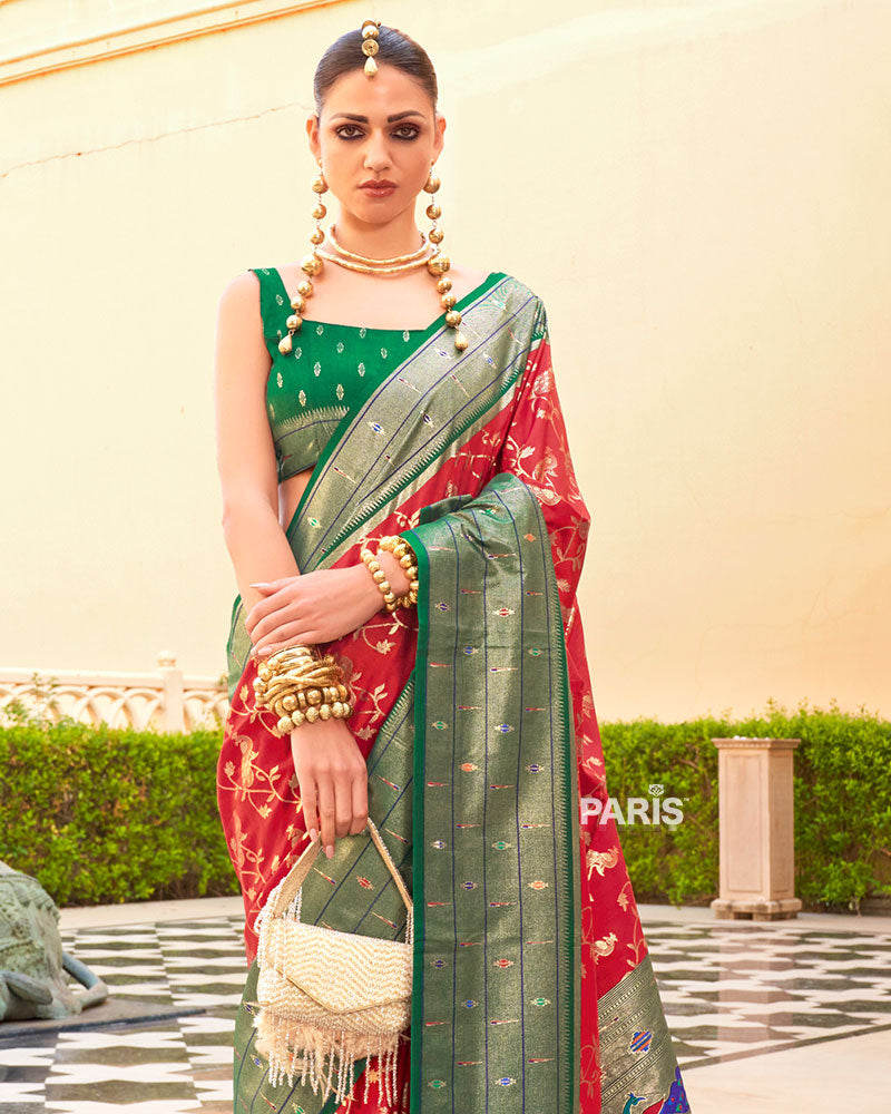 Dark Green Paithani Saree with Pink Peacock Zari Border
