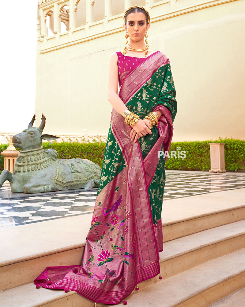 Blue Paithani Silk Saree with Pink Zari Peacock Border