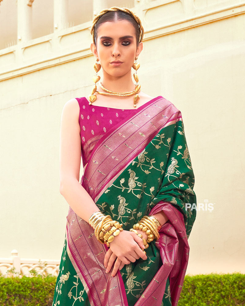 Blue Paithani Silk Saree with Pink Zari Peacock Border