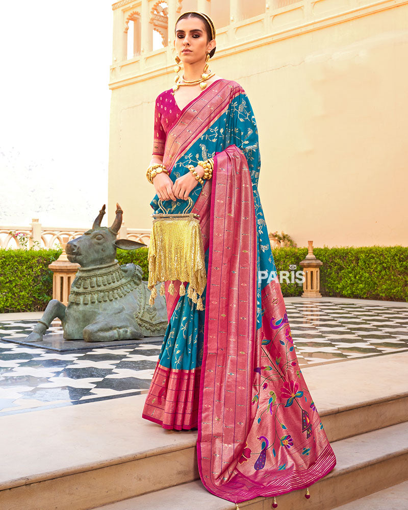 Purple?Red Paithani Silk Saree with Zari Peacock Border