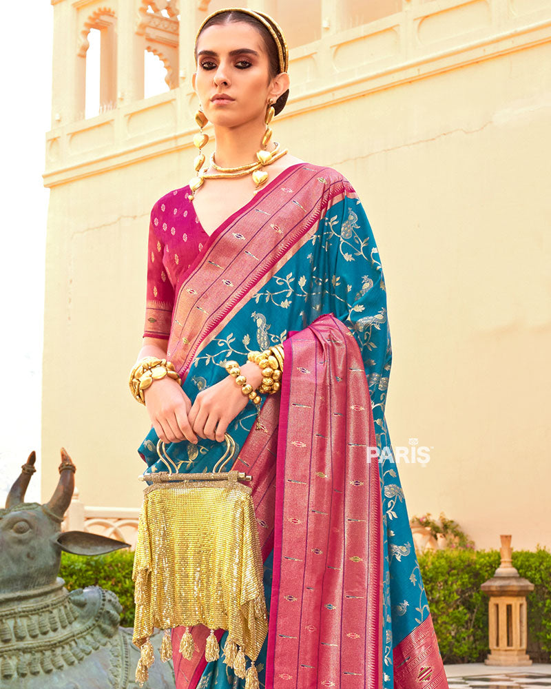 Purple?Red Paithani Silk Saree with Zari Peacock Border