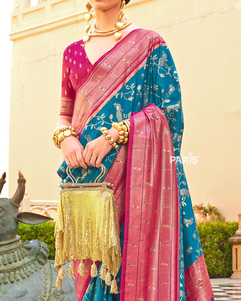Purple?Red Paithani Silk Saree with Zari Peacock Border