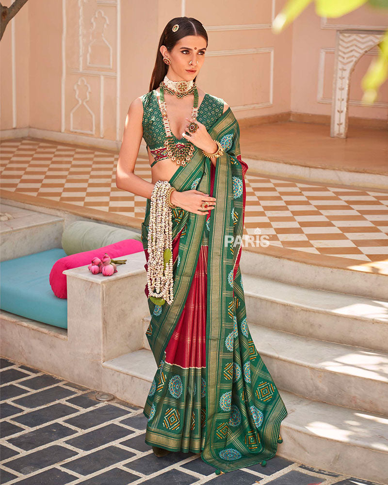Green & Red Patola Silk Saree with Gold Zari Border
