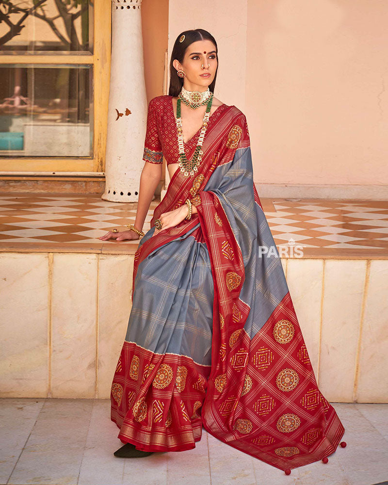Red & Grey Patola Silk Saree with Gold Zari Border