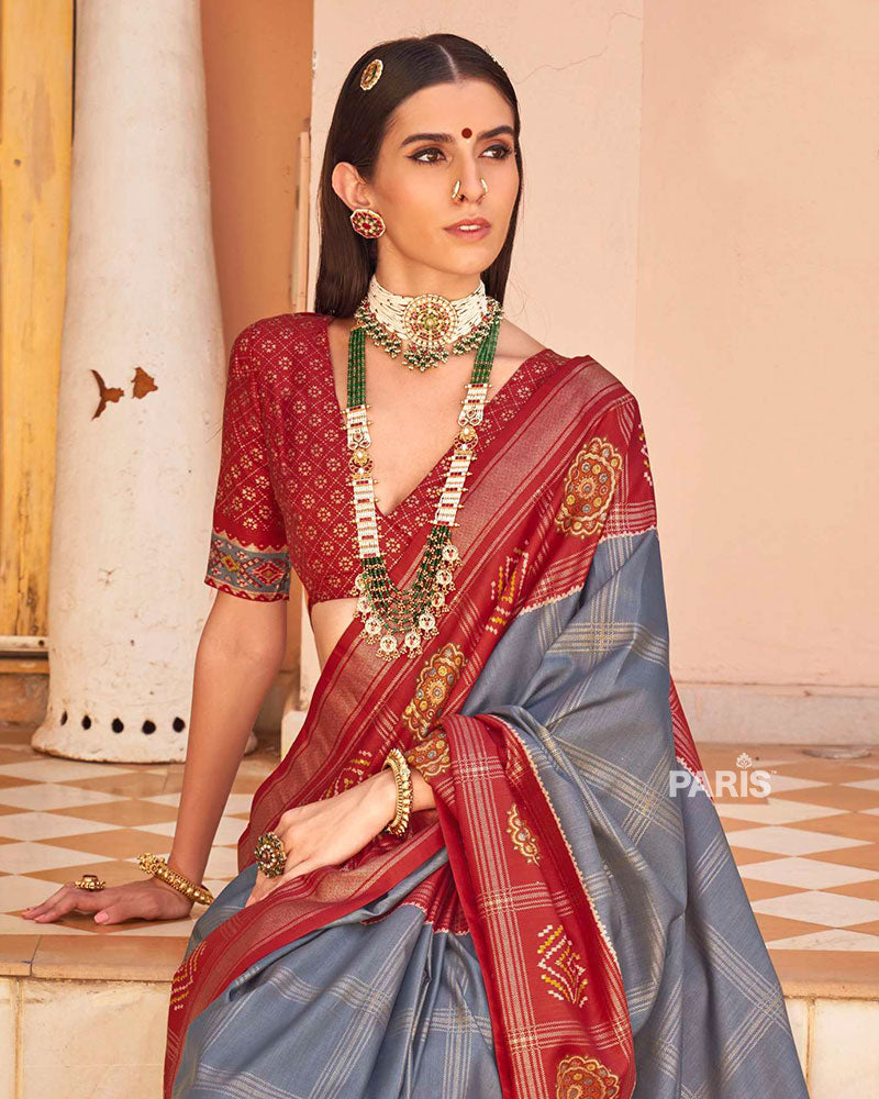 Red & Grey Patola Silk Saree with Gold Zari Border