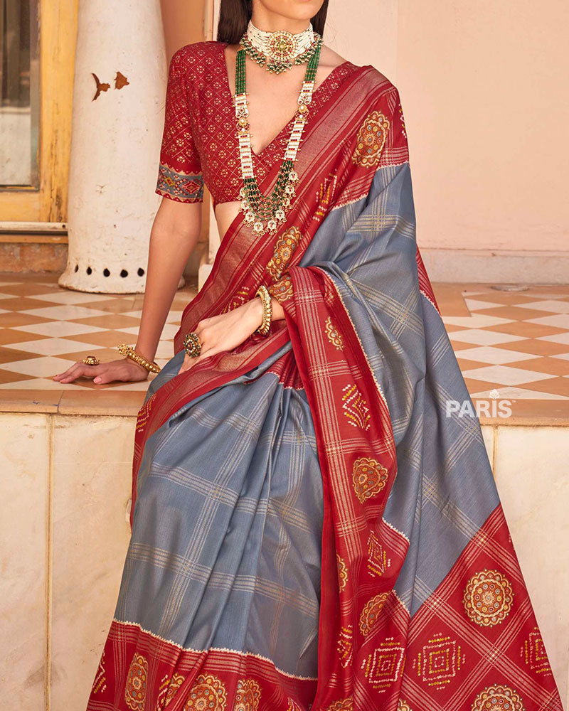 Red & Grey Patola Silk Saree with Gold Zari Border
