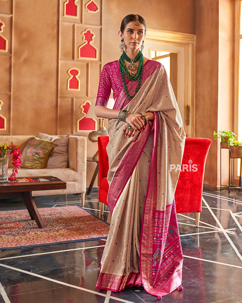 Beige Patola Silk Saree with Pink Foil Print Border