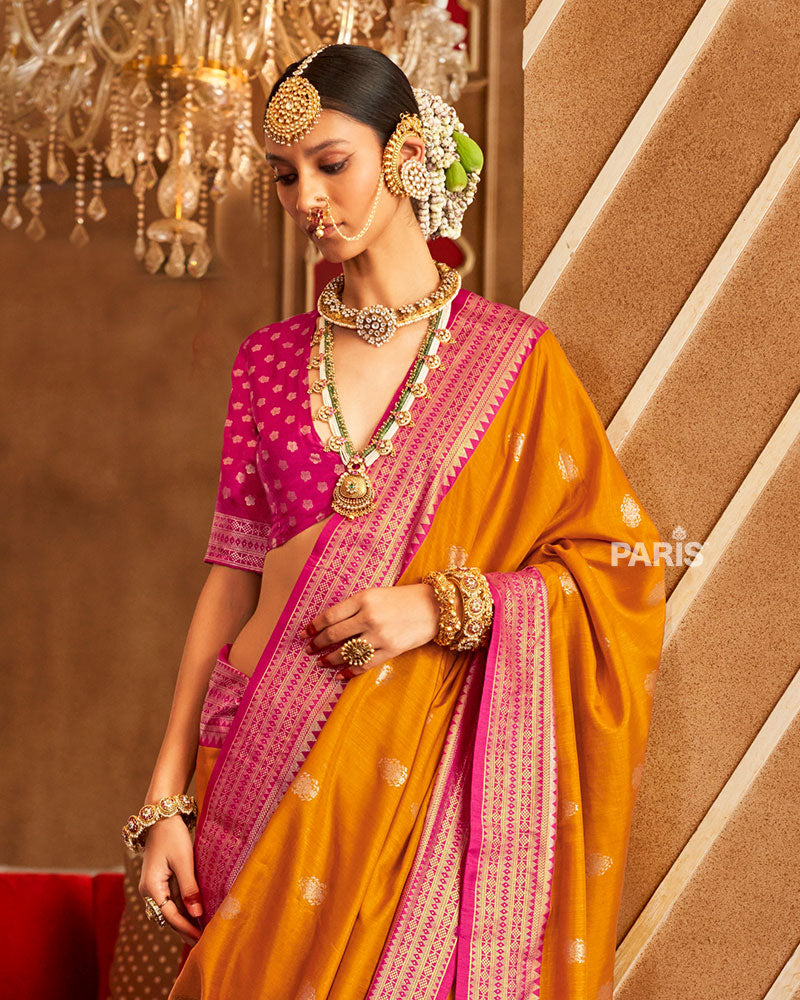 Orange Foil Printed Patola Saree with Pink Border