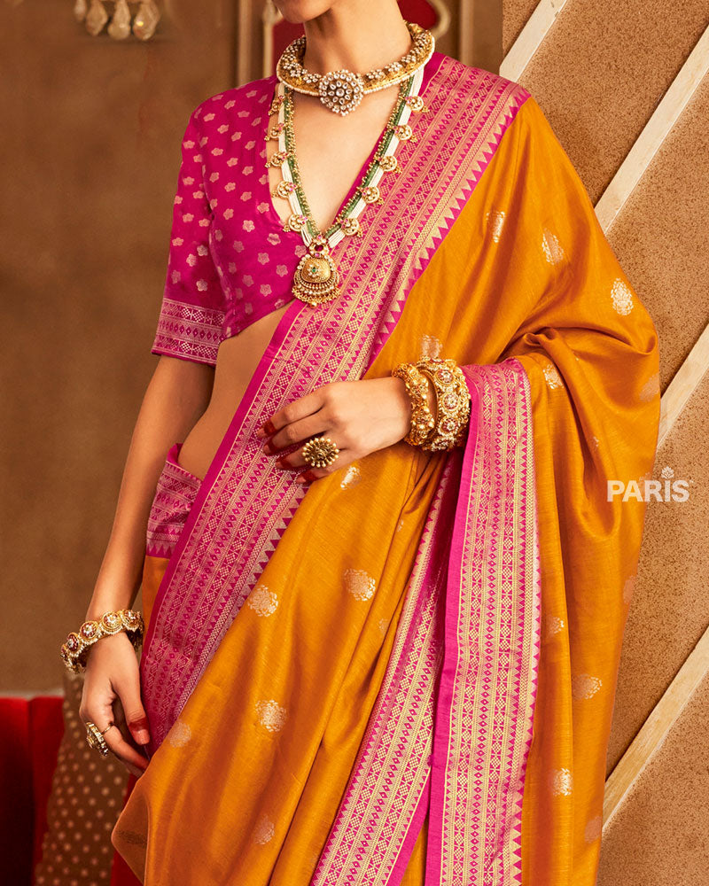 Orange Foil Printed Patola Saree with Pink Border