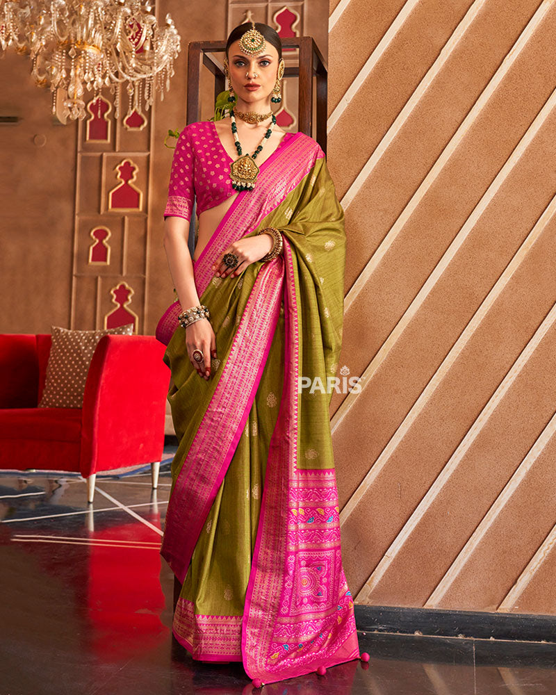 Olive Green Foil Printed Patola Saree with Pink Border