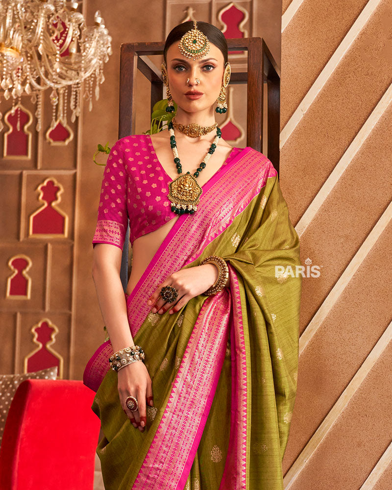 Olive Green Foil Printed Patola Saree with Pink Border