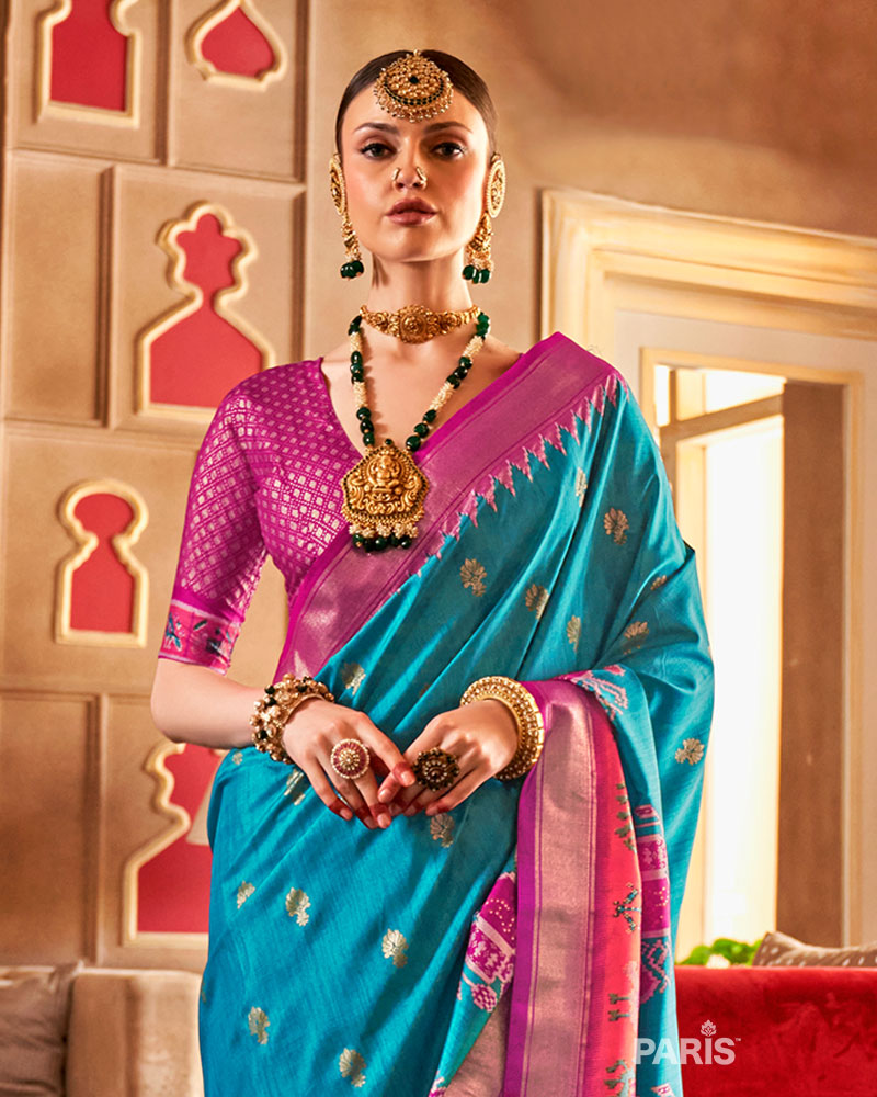 Teal Blue Ikat Silk Saree with Magenta Border & Motifs