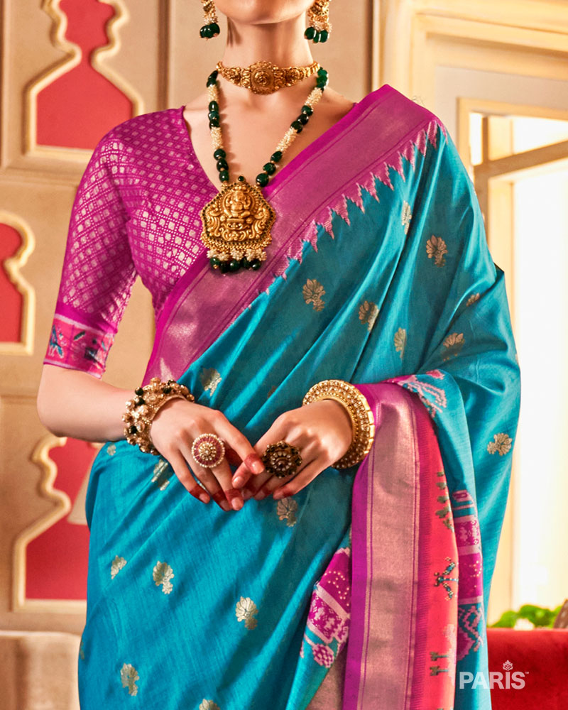 Teal Blue Ikat Silk Saree with Magenta Border & Motifs