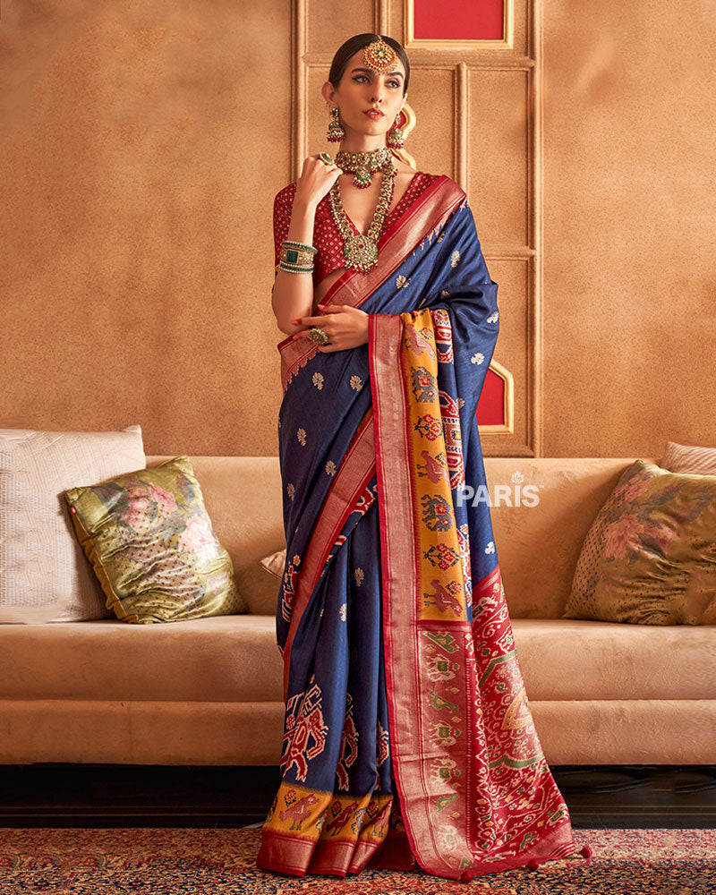 Navy Blue Ikat Silk Saree with Red Border & Motifs