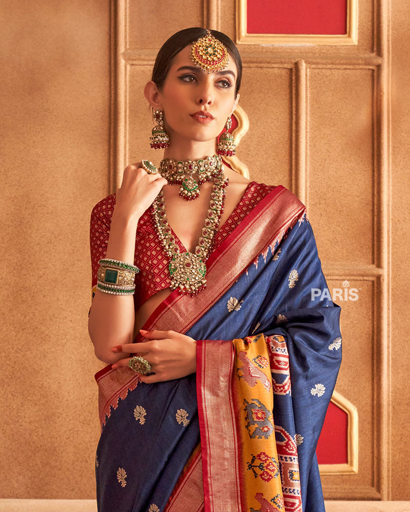 Navy Blue Ikat Silk Saree with Red Border & Motifs