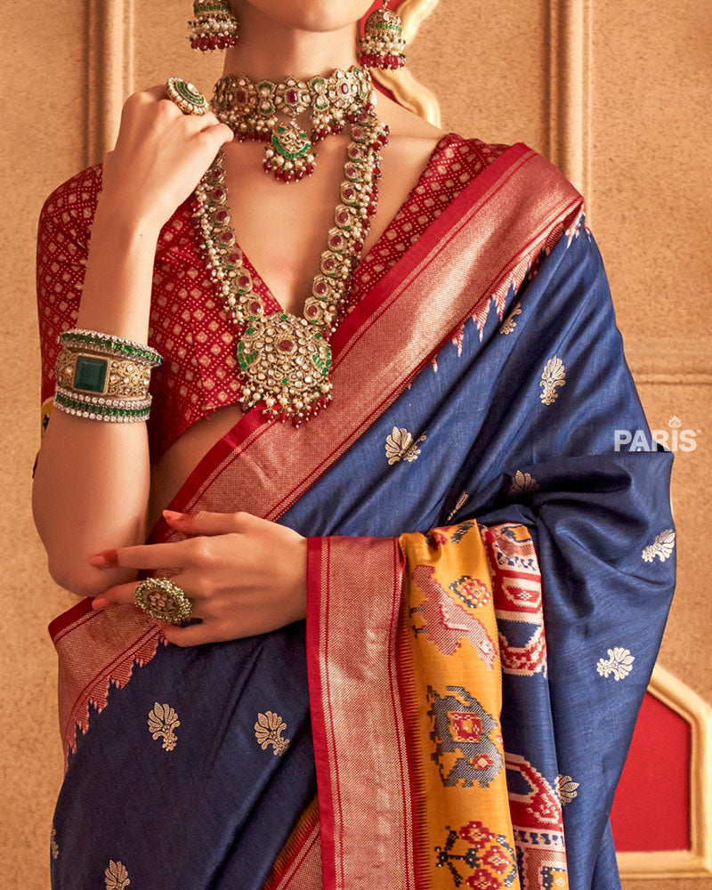 Navy Blue Ikat Silk Saree with Red Border & Motifs