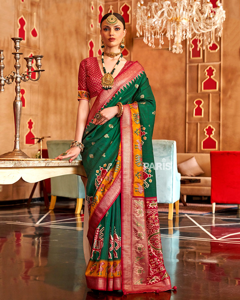 Green Ikat Silk Saree with Red Border & Animal Motifs