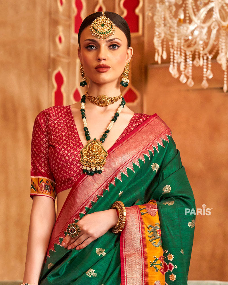 Green Ikat Silk Saree with Red Border & Animal Motifs