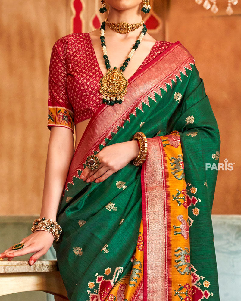 Green Ikat Silk Saree with Red Border & Animal Motifs