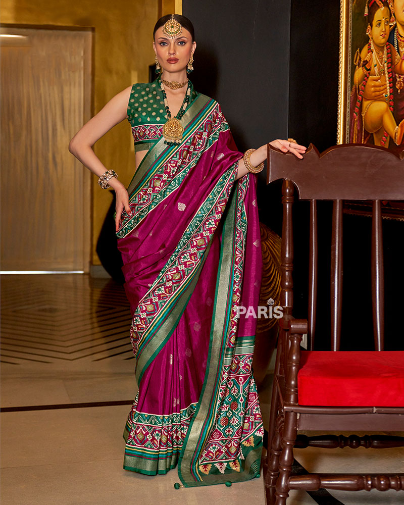 Wine Patola Silk Saree with Green & Red Zari Border