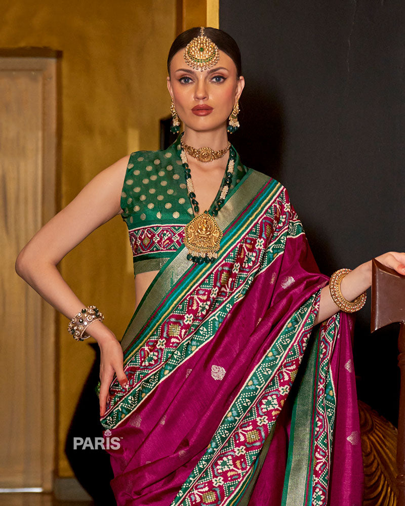 Wine Patola Silk Saree with Green & Red Zari Border