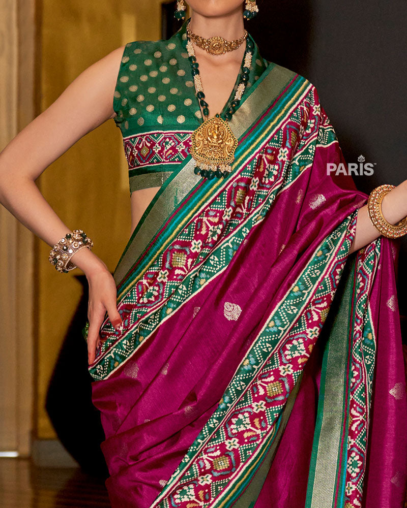 Wine Patola Silk Saree with Green & Red Zari Border