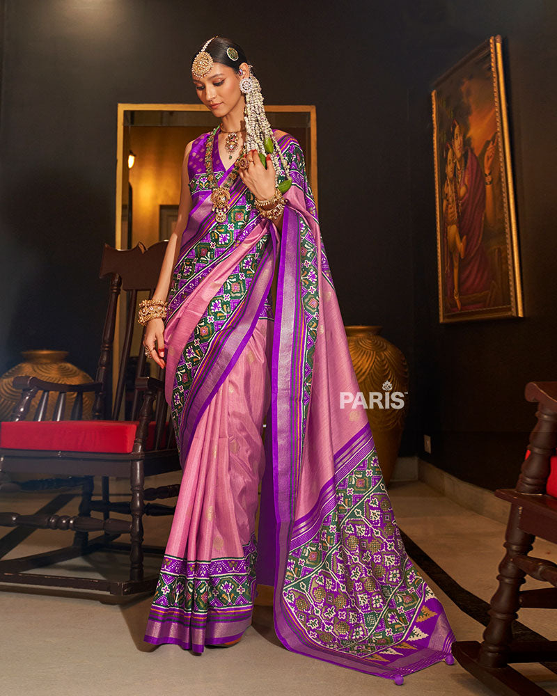 Pink Patola Silk Saree with Purple Border & Zari Work