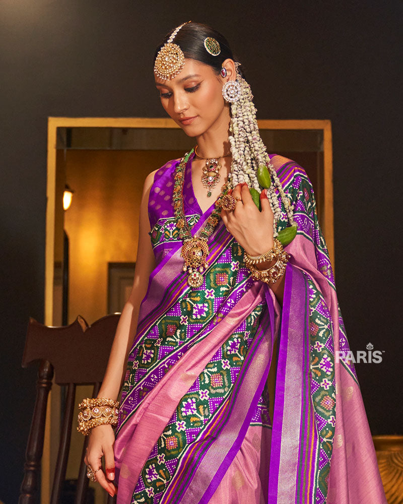 Pink Patola Silk Saree with Purple Border & Zari Work