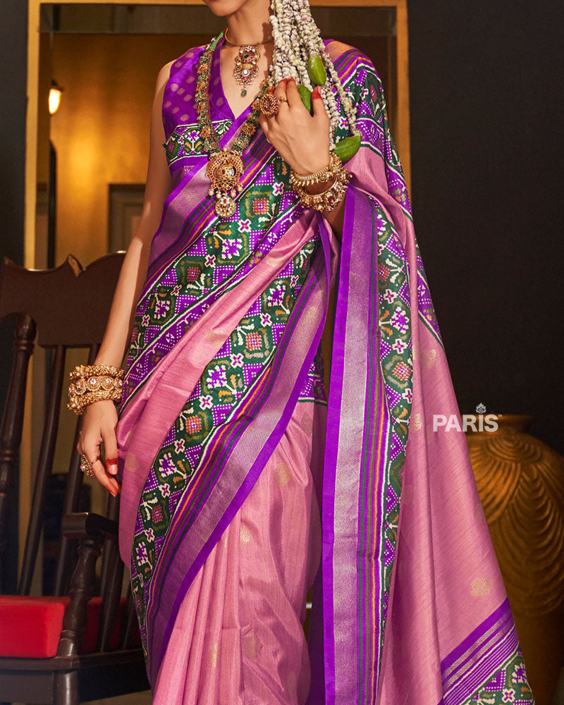 Pink Patola Silk Saree with Purple Border & Zari Work